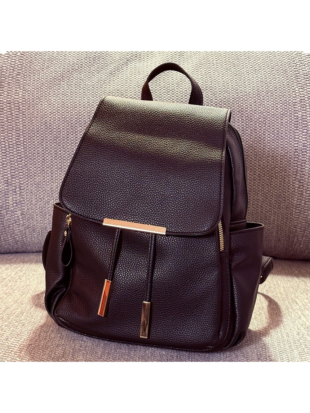 Black Faux Leather Backpack with Gold Accents